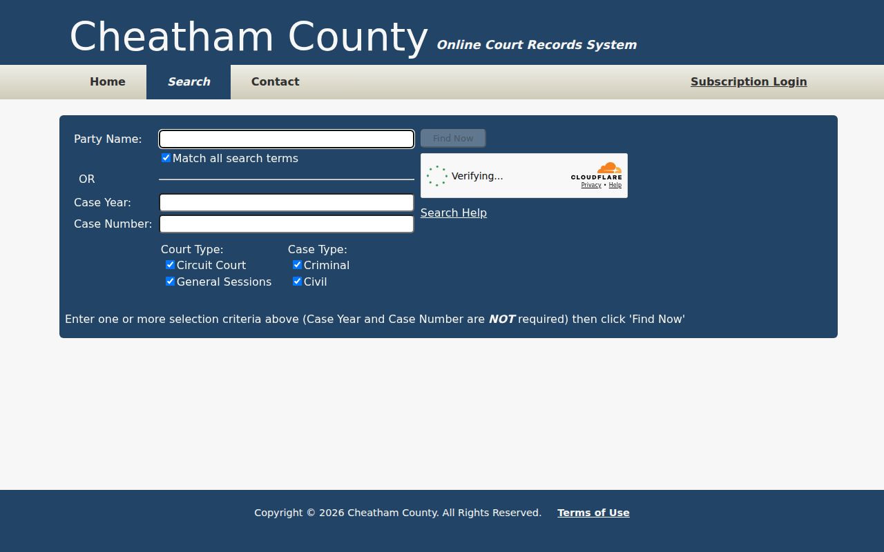Cheatham County docket search fields in TnCIS