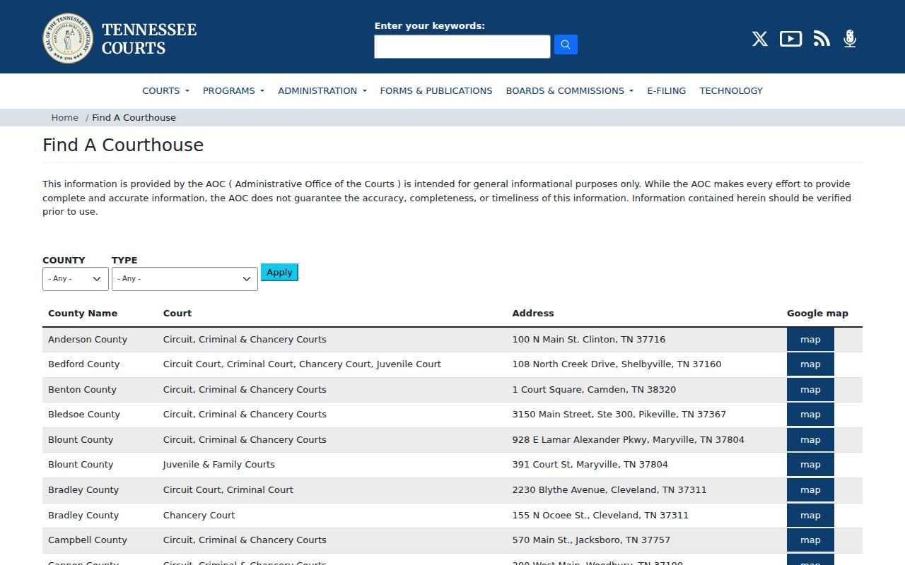 Tennessee courthouse directory listing for Cheatham County courts